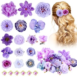 BBTO 21 Pcs Flower Hair Clip Rose Hair Clips Barrettes for Women Flower Accessories Boho Bride Claw Clip Hairpin Brooch Pin Headpiece for Wedding(Purple Series)