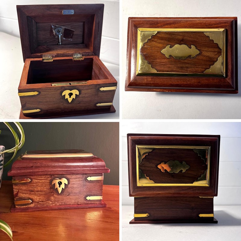 Thorness Wooden lockable Trinket Box with brass inlay, decorative detailing,