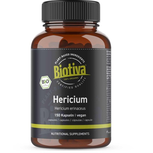 Hericium Bio 150 Capsules - Spiked Beards | Hericium Erinaceus | Vegan | Bottled and Certified in Germany | Biotiva