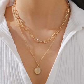 Crymystal Layered Moonstone Pendant Necklace Gold Layered Chain Necklace Vintage Moonstone Necklace Charm Natural Stone Necklace Gift for Girls, Zinc Metal