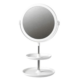CM-TOP Espejo de Escritorio con Soporte,sobremesa con Almacenamiento de 2 Capas,Maquillaje con Almacenamiento, Ede Doble Cara Giratorio de 360 Grados (1, Blanco, Grande)