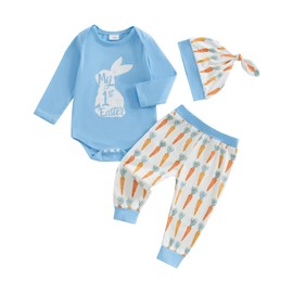 Lamuusaa Newborn Baby Boy Easter Outfit Long Sleeve My 1st Easter Romper Carrot Print Long Pants Hat 3Pcs Clothes Set 0-18M (Blue, 12-18 Months)