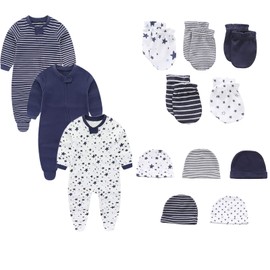 Ecojoy Baby Sleepwear Pack of 3 Newborn Sleepsuit with 5 Hats and Mittens, 0-12 Months Zip Sleep Suit Navy Blue