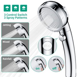 HEROBAI High Pressure Shower Head with Handheld, On Off Shower for RV, Water Saving Shower Head with Stop Button and 3 Modes, Detachable RV Shower Head with Hose and Self-Adhesive Bracket (Chrome)