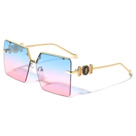 Dweebzilla Womens Lion Head Medallion Oversized Semi Rimless Square Jackie O Sunglasses Shades Large (Gold Frame - Blue Pink Gradient Lenses)