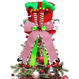 KAHEIGN Christmas Tree Topper, 25CM Large Red Xmas Tree Top Hat with Elf Legs and Striped Bow Ribbon for Home Christmas Holiday Winter Party Decor Desktop Ornaments