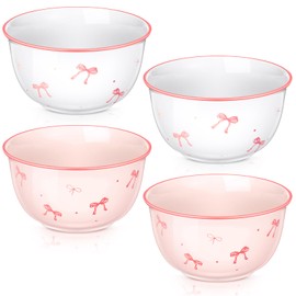 Reallnaive 4 Pcs Pink Bow Ceramic Bowls Set 4.5 Inch Bow Theme Coquette Cute Soup Bowl 12 Ounces Dessert Bowls for Kitchen Side Dishes Ice Cream Rice Soup Snack Cereal, Microwave and Dishwasher Safe