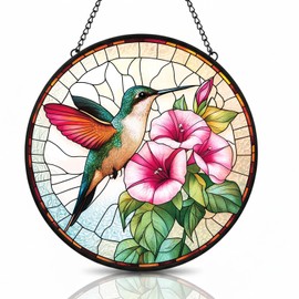 Hummingbird Stained Glass Suncatcher,7.8 inch Hummingbird with Pink Ipomoea Flower Suncatchers for Windows Hanging, Bird Suncatchers for Garden Decor Hummingbird Gifts for Women Mom Gifts
