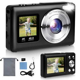 Ainiv Digital Camera, 4K Compact Digital Camera with 32G TF Card, HD 48MP, Front and Rear Dual Cameras, 2.4" + 1.3" Dual Screen, 18X Digital Zoom, Portable Camera for Kids, Adults, Beginners（Black）