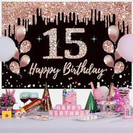Tecreo 15th Birthday Decorations for Girls, Party Decoration Black and Rose Gold, 15th Birthday Fabric Sign Hanging Poster, 15th Birthday Backdrop Banner Party Welcome Sign