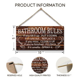 Bathroom Rules Warning Sign, 10" x 5" Printed Wood Door Hanging Plaque Decor, Home Farmhouse Rustic Bathroom Toilet Decor Wooden Sign, Bathroom Wall Art Decor Christmas Gift -30