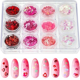 12 Boxes Valentine's Day Nail Glitter Heart Nail Sequins Holographic Red Pink Heart and Hollow Heart Lip Sequins 3D fingernail Laser Flakes for Women Girls Makeup fingernail Decoration(Vivid Color)
