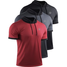NELEUS Men's Running Shirt Workout Athletic Shirts with Hoodie Pack of 3,5112,Black/Grey/Red,X-Large