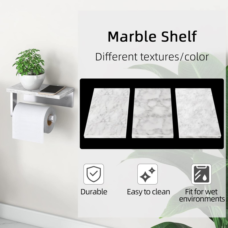 Gypie Brushed Nickel Toilet Paper Holder with Natural Marble Shelf,
