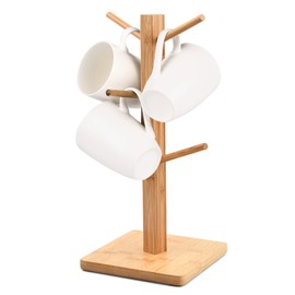 Chstarina Wooden Cup Stand, Bamboo Wooden Cup Holder, Pretzel Holder, Tree Cup Holder, Cup Rack, Cup Rack, Cup Tree, Coffee Cup Rack with 6 Hooks for Kitchen Counter (Square)