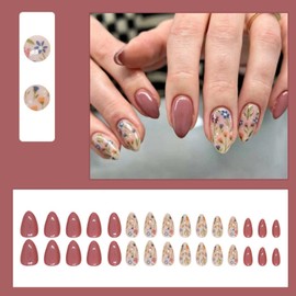 YoYoee Press on Nails -Almond Fake Nails Short False Nails Grass Cute Nails Tips for Women and Girls 24Pcs
