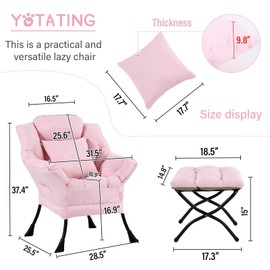 YOTATING Lazy Chair with Ottoman, Comfy Reading Lounge Chair with Footstool & Throw Pillow Modern with Armrests & Side Pocket for Living Room, Bedroom, Dorm Room, Pink