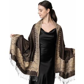 Achillea Elegant Reversible Paisley Border Pattern Pashmina Shawl Wrap Scarf (Dark Chocolate)