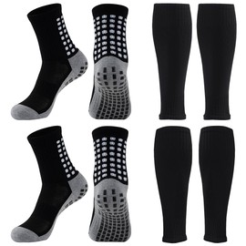 Athletic Grip Socks and Shin Guard Sleeves Set for Soccer, Football, Basketball (2 Set: Black, Men:6-11 / Women: 7-12)