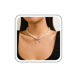 Wendalern Pearl Beaded Choker Necklace Silver Ribbon Bow Pearl Chain Necklace Round Imitation Pearl Strand Collar Necklace White Pearl Single Bowknot Statement Necklace Wedding Jewelry for Women
