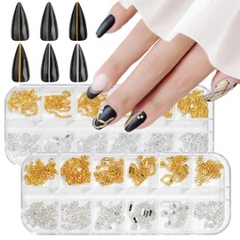 HYWWPFLAY 24 Strips Chain Nail Charms Gold Silver Nail Chains Charm 3D Charms for Nails Punk Metal Nail Studs Nail Decorations Accessories DIY Craft Manicure Jewels