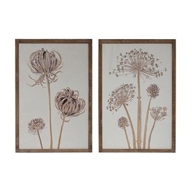Bloomingville Engraved Wood Flower Wall Décor with Wood Frame, Cream, Set of 2