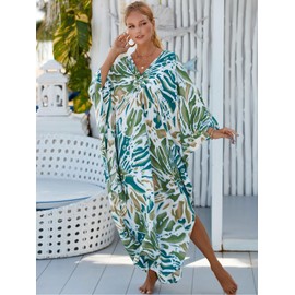 IMAGEKOPE Women's Plus Size Animal Print V-Neck Batwing Kaftan Beach Dress Bathing Suit Cover-Up Loungewear, 8772-picture26, One Size