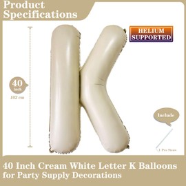 Cream White Letter K Balloons, 40 Inch Giant Letter Balloons K Foil Mylar Helium White Letter Balloons for Birthday Party Supplies Anniversary Event Celebration Decorations Alphabet White K