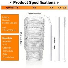 KEMORELA Glass Cups Vintage Glassware Set of 6 Large, Hobnail Drinking Glasses, 16oz Glass Cups With Straws, Romantic Hobnail Highball Glasses, Bar Beverages Ice Coffee Cup Glassware