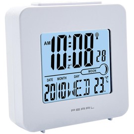 PEARL Reise-Funk-Wecker: Funk-Wecker mit Snooze-Funktion,Datum-,Wochentag- & Temperaturanzeige (mit Thermometer, klein)