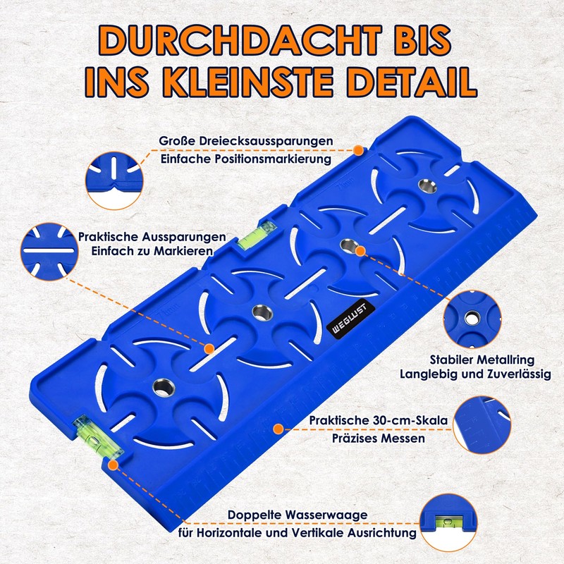 WEGLUST Drilling Template with Spirit Level and Ruler - Multifunctional