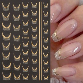 8 Sheets Fall Maple Leaf Nail Art Stickers Decals Gold French Tip Nails Stickers Butterfly Nails Decal Self-Adhesive Flower Nail Art Decal for Women Manicure Decor