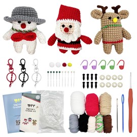 Honkdtyun Crochet Kit for Beginner,Three Patterns-Santa Claus, Christmas Deer, and Children.Knitting Kit for Adult Kids with Step-by-Step Video Tutorials and Yarns, Hook, Accessories