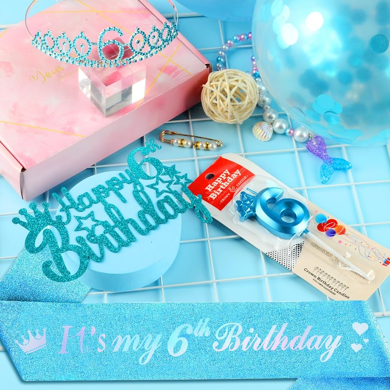 6th Birthday Decorations - Sash, Tiara, Crown & Balloons for