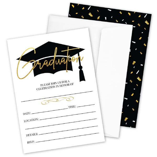 25- Gold & Black Graduation Party Invitations with Envelopes for 2023 College, High School, University Grad Celebration or Announcement- Invite Cards Fill In Style- Party Decorations Supplies