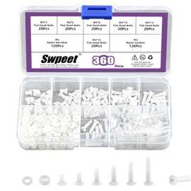Swpeet 360Pcs 6 Sizes M3 White Nylon Phillips Cross Flat Head Screws with Nuts and Gaskets Assortment Kit, Nylon Countersunk Flat Head Screws, Threaded Nylon Machine Screws, Length 5/6/8/10/12/15mm