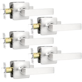 GOBEKOR 5 Pack Brushed Nickel Passage Door Levers Interior Door Handles for Hallway Square Closet Door Lock Keyless Straight Lever Door Handles