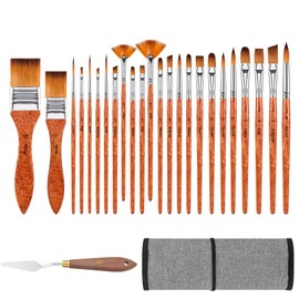FENORKEY - Juego de 25 pinceles de pintura acrílica, pinceles de artista profesional, incluye rollo de lona y cuchillo de paleta, adecuado para óleo, acrílico, gouache y pintura de acuarela