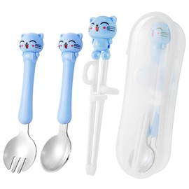 3Pcs Kids Training Chopsticks,Kids Chopsticks Reusable Cat Childrens Chopsticks Learning Chopsticks Easy to Use Right Learning Chopsticks for Children Toddler Beginners,Include Spoon Portable Box,Blue