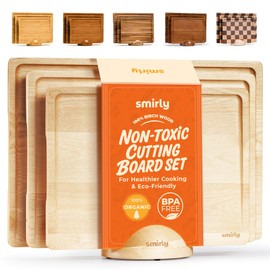 SMIRLY Wood Cutting Boards for Kitchen Wooden Chopping Board Set Reversible with Deep Juice Grooves Grip Handles, Large Charcuterie Tray for Home Kitchen, Natural Birch, 3Pcs with Holder