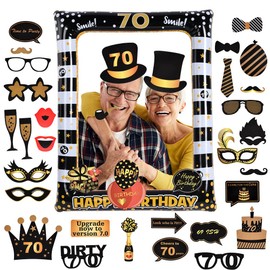 Flintronic 70th Birthday Decoration Photo Props, Black Gold Inflatable Frame for 70th Birthday and 35 Pieces Photo Props, Party Photo Booth Props for Party Decoration, Party Decorations