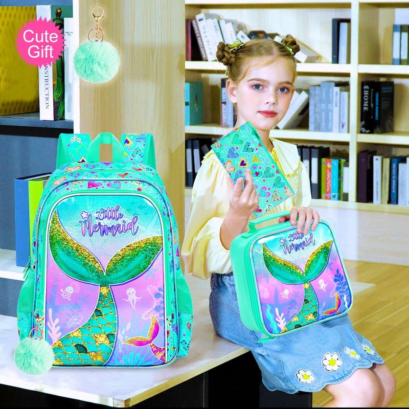 KLFVB 3PCS Girls Mermaid Backpack, Water Resistant Kids Unicorn Bookbag