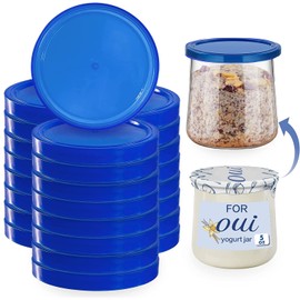 30 Pieces Oui Yogurt Jar Lids, Yogurt Container Lids, Clear Plastic Blue Oui Lids for Cookie Coffee Supplies Glass Jars Containers