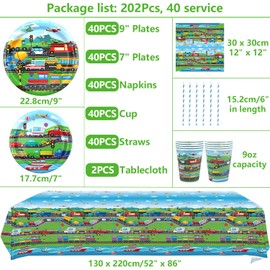 Transportation Party Supplies - Transportation Party Tableware - Dinner Plates Desserts Plates Cups Napkins Tablecover Straws for for Truck Cars Construction Party Baby Shower Supplies, Serves 40 (40)
