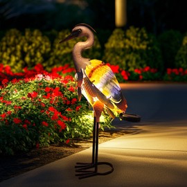HONGLAND Solar Heron Metal Crane Statue Garden Heron Sculpture, Glass Outdoor Crane Yard Art Coastal Ocean Bird Decor 24 Inch Lawn Ornament for Backyard Porch Patio Decor（Purple）