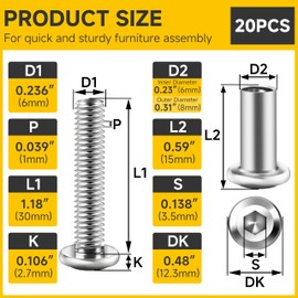 Mywish 10Sets M6 x 30mm Flat Head Hex Socket Cap Screws Bolts and Barrel Nuts Kit, 304 Stainless Steel Furniture Connector Bolts, Metric M6 Countersunk Binding Screws for Crib Cabinet with Hex Spanner