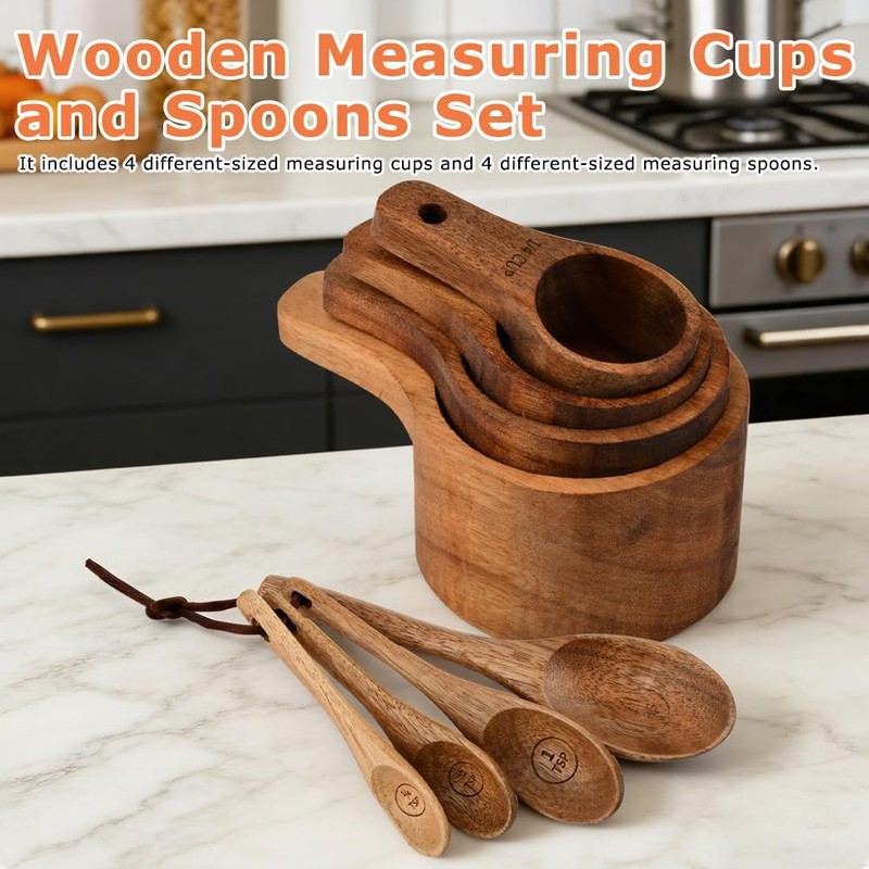 8-Piece Acacia Wood Nesting Measuring Cups and Spoons Set, Laser