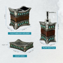 Decorative Resin Faux Leather with Turquoise Gem 3-Piece Rustic Bathroom Set - Pump Bottle,Toothbrush Holder,and Soap Dish-Southwestern Bathroom Décor