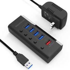Powered USB Hub, RSHTECH USB 3 Hub with 4 USB 3.0 Data Ports + 1 USB Fast Charging Port, USB Splitter with 24W(12V/2A) Power Adapter and Individual On/Off Switches(A35-Black)