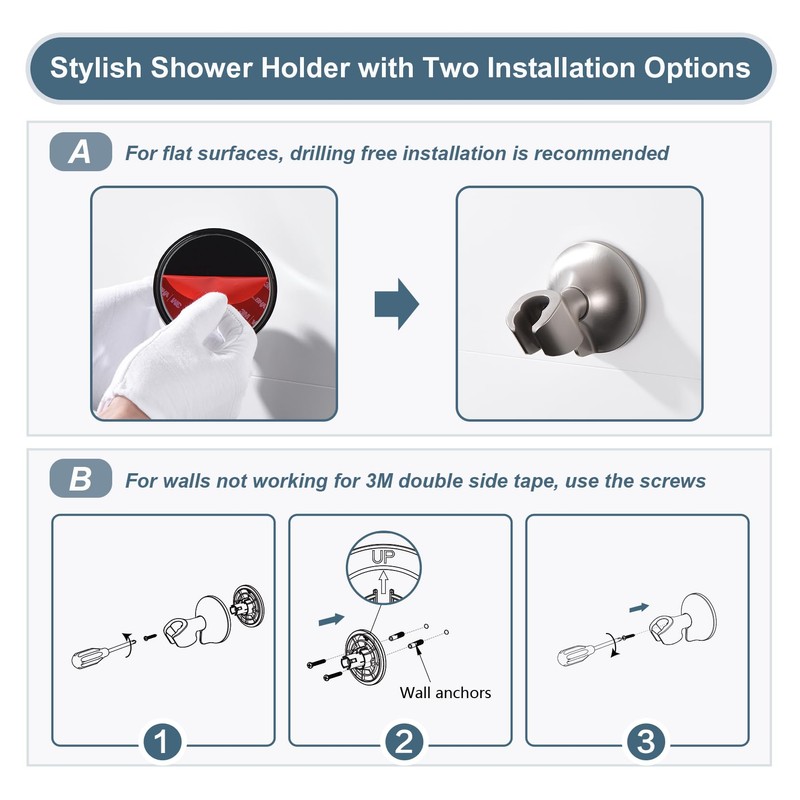 BRIGHT SHOWERS Strong Adhesive Shower Head Holder with Dual Angle